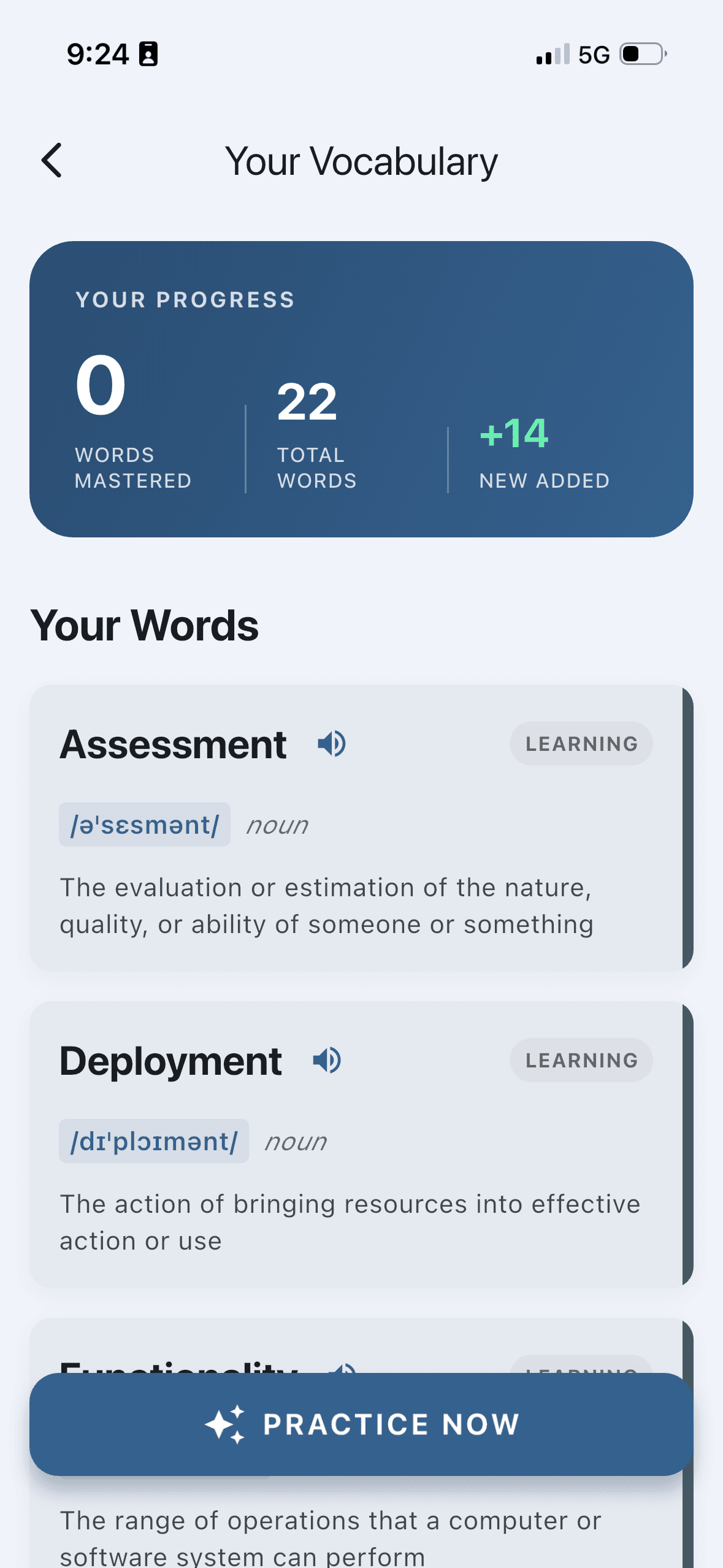 Personalized vocabulary list in Floo